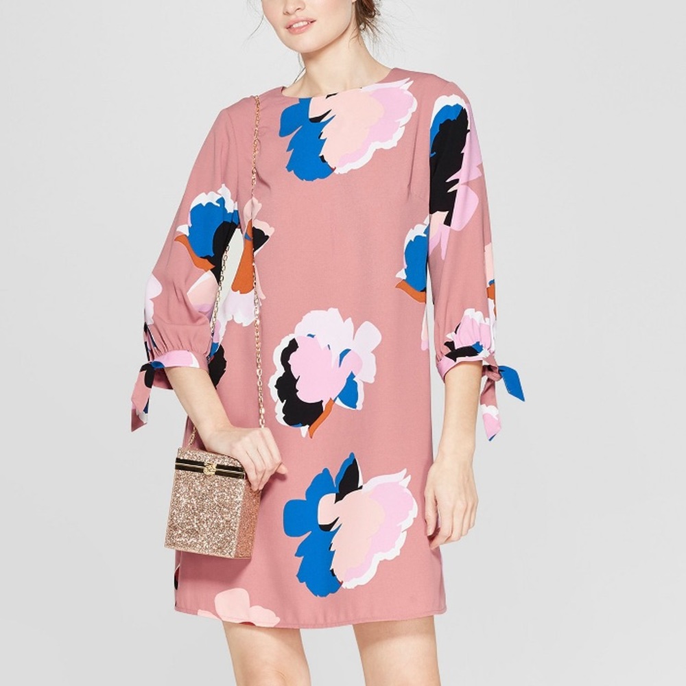 Pink floral print 3/4 crepe dress Sz. S